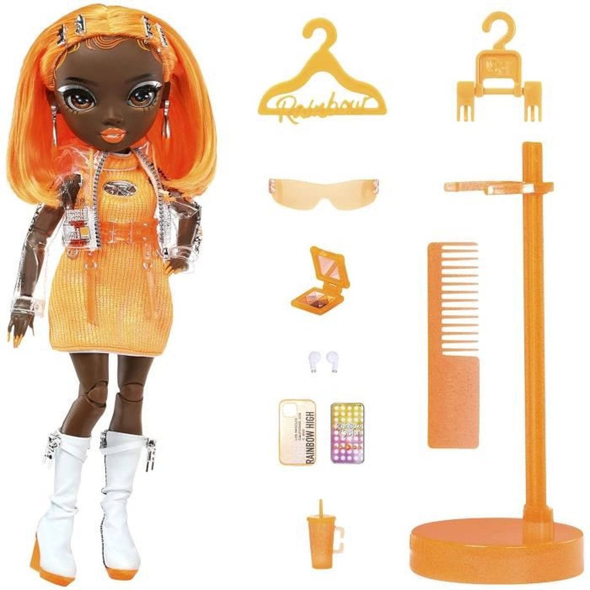 Eine Puppe mit orangefarbenen Haaren, Kleid und Accessoires. Enthält einen Ständer, Kamm, Sonnenbrille, Make-up und einen Kleiderbügel.