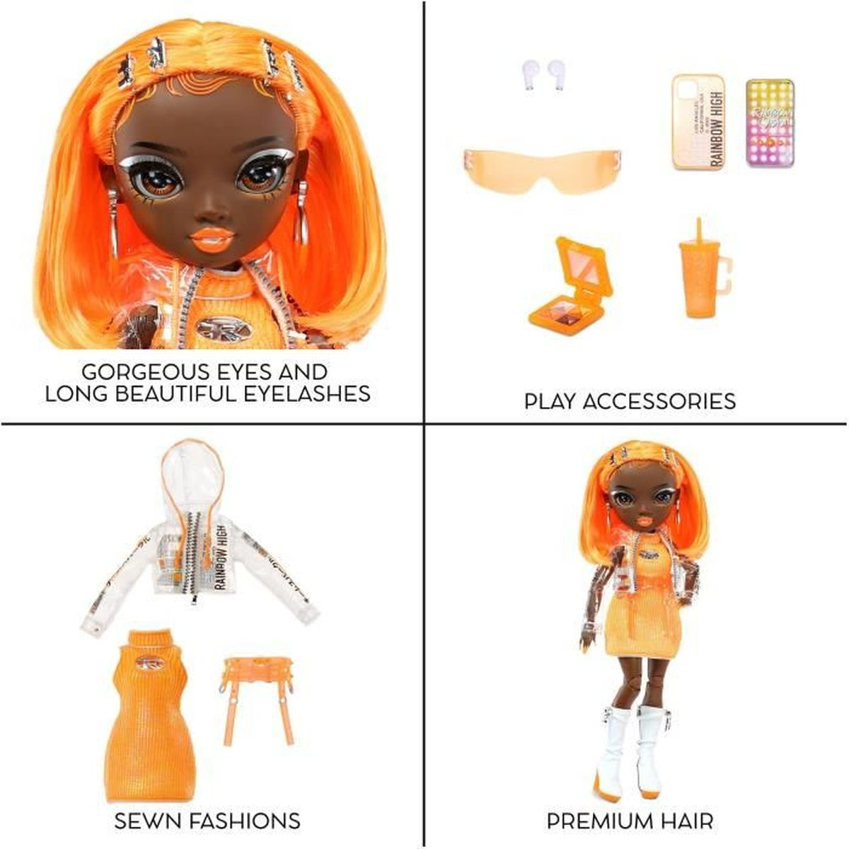 Eine Puppe mit orangefarbenem Haar und Accessoires. Enthält ein Kleid, eine Jacke, Schuhe, Make-up, Handyhülle, Sonnenbrille und Ohrhörer.
