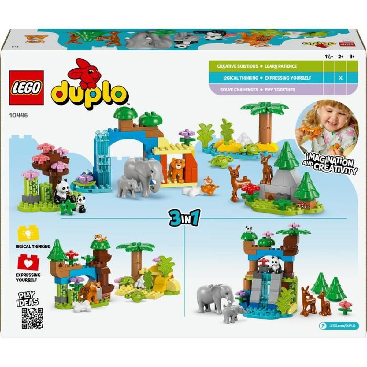 Lego Duplo-Box mit Tierfiguren und Spielszenen. Enthält Elefanten, Pandas, Hirsche und andere Kreaturen mit Bäumen und Wasserfällen.
