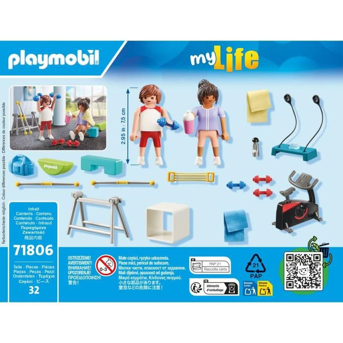 Zestaw Playmobil z wyposażeniem siłowni i figurkami. Zawiera hantle, ławkę i rower treningowy.