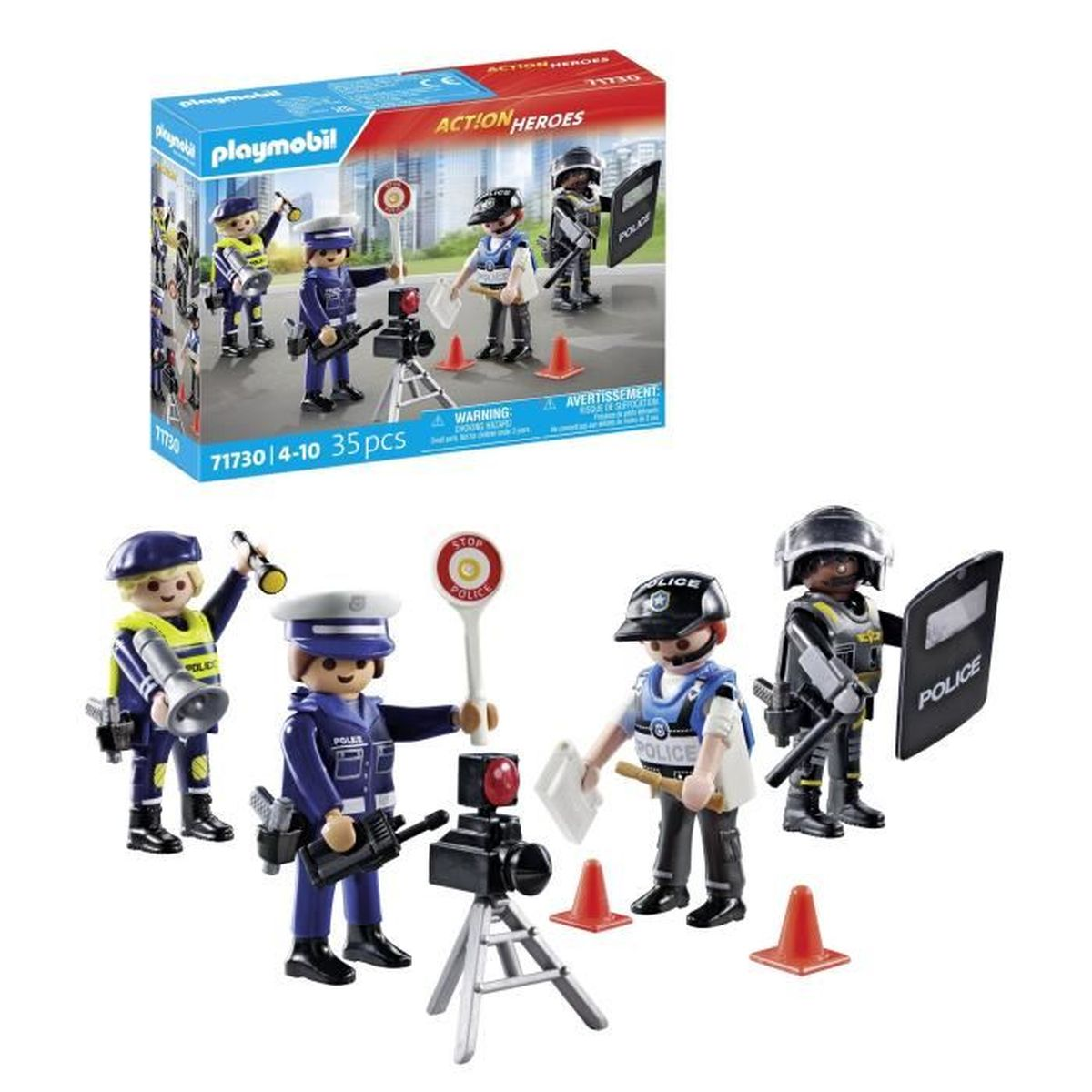 Zestaw policyjny Playmobil z figurkami, akcesoriami i pudełkiem. Figurki w mundurach, pachołki, znak stopu, aparat i tarcza.