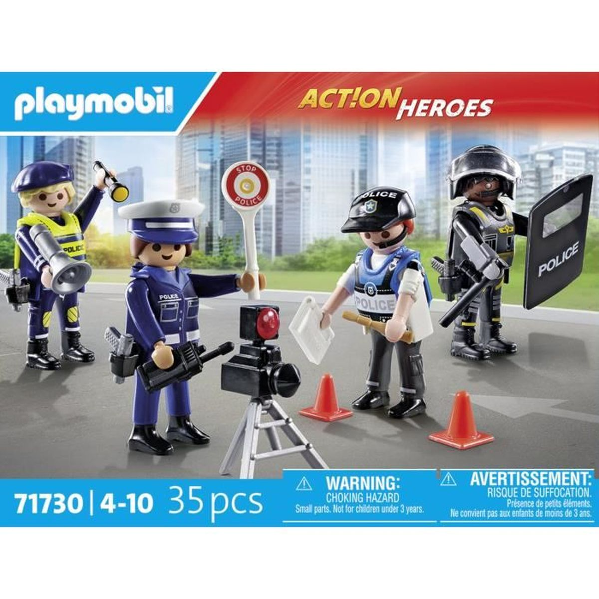 Zestaw figurek policjantów Playmobil. Zawiera czterech funkcjonariuszy z akcesoriami, takimi jak megafon, znak stopu, aparat, tarcza i pachołki.