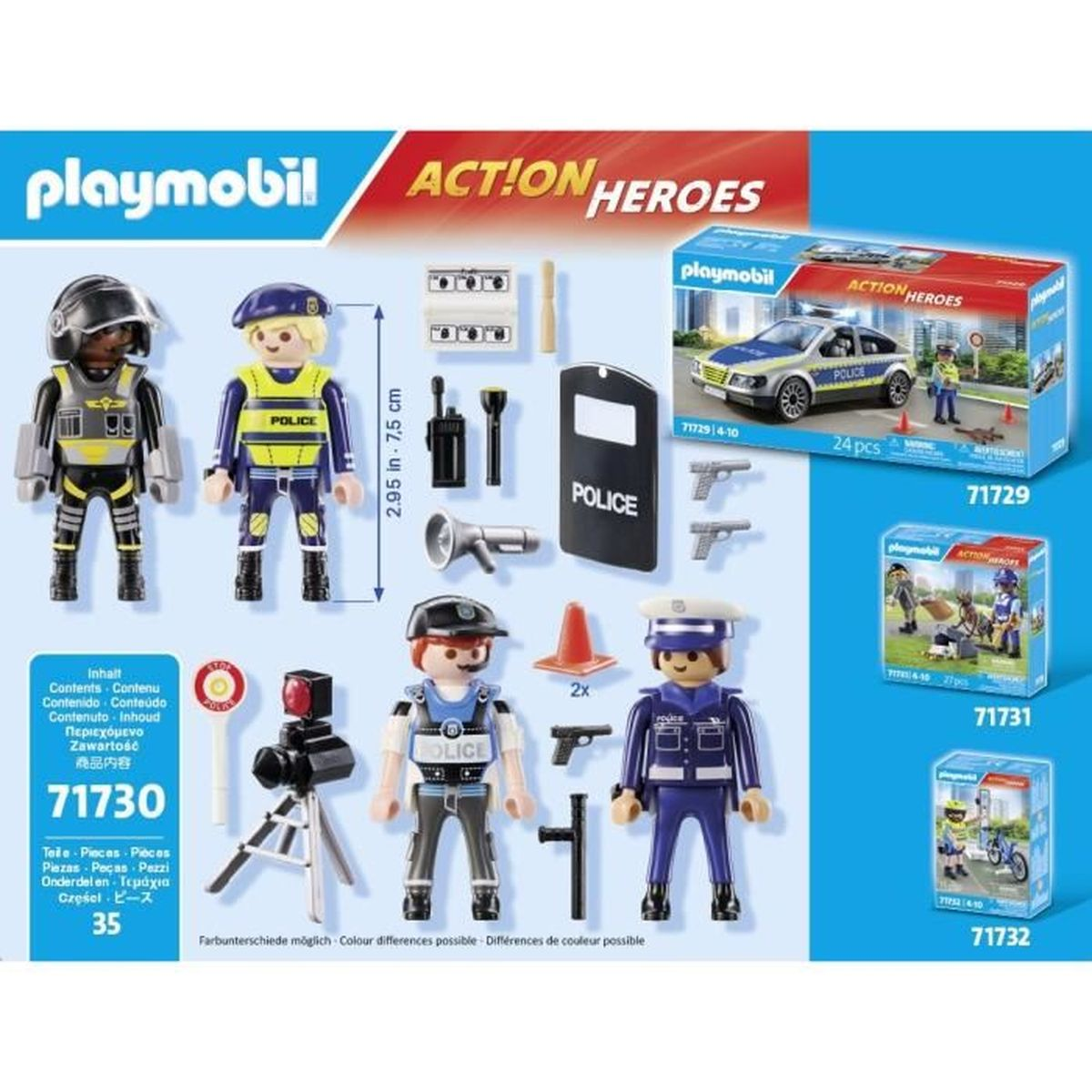 Zestaw Playmobil Action Heroes policja. Zawiera figurki, akcesoria i pudełka. Scena pokazuje radiowóz i kilka figurek.