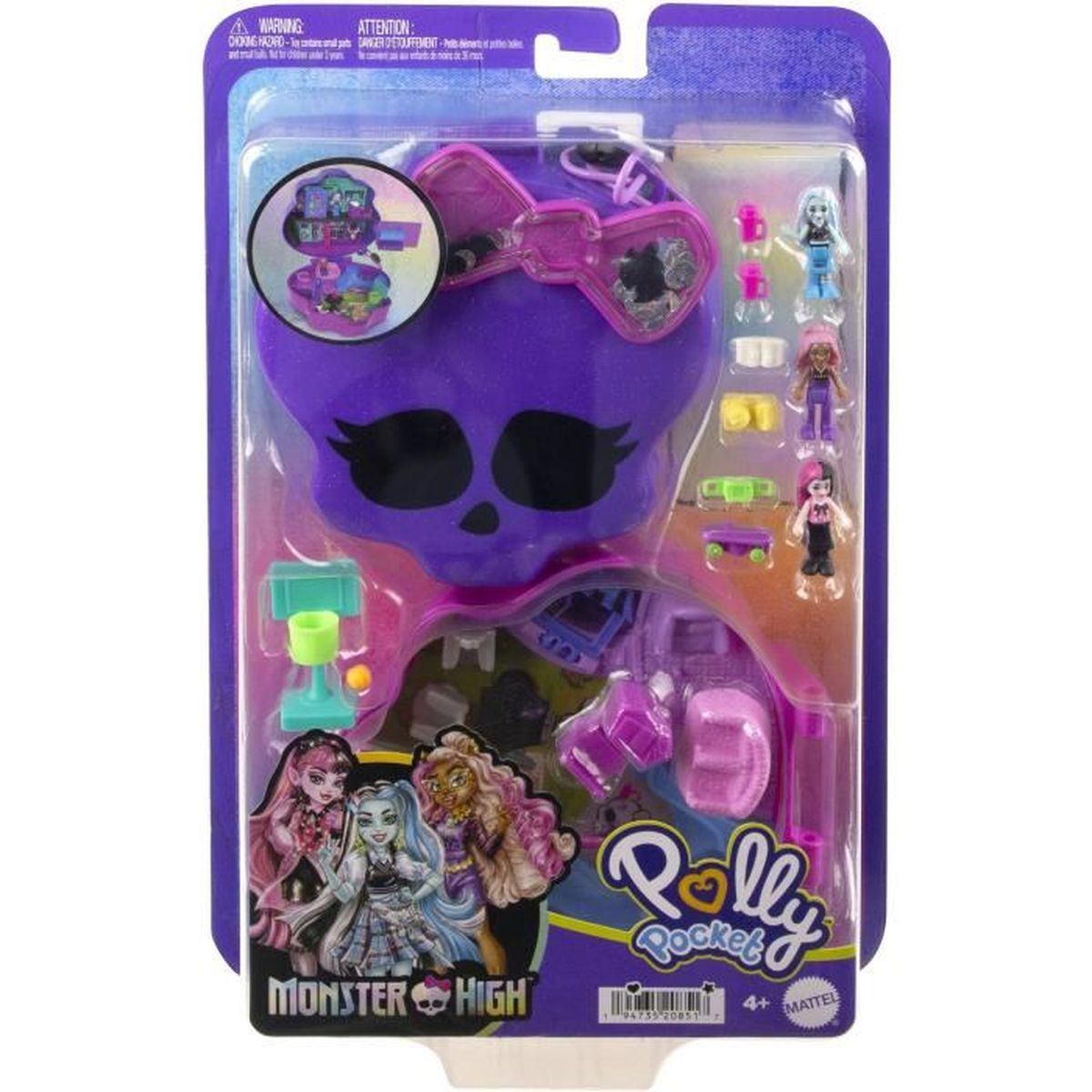 Zestaw Polly Pocket Monster High w fioletowym pojemniku w kształcie czaszki. Zawiera małe figurki i akcesoria. Opakowanie to przezroczysty plastik.