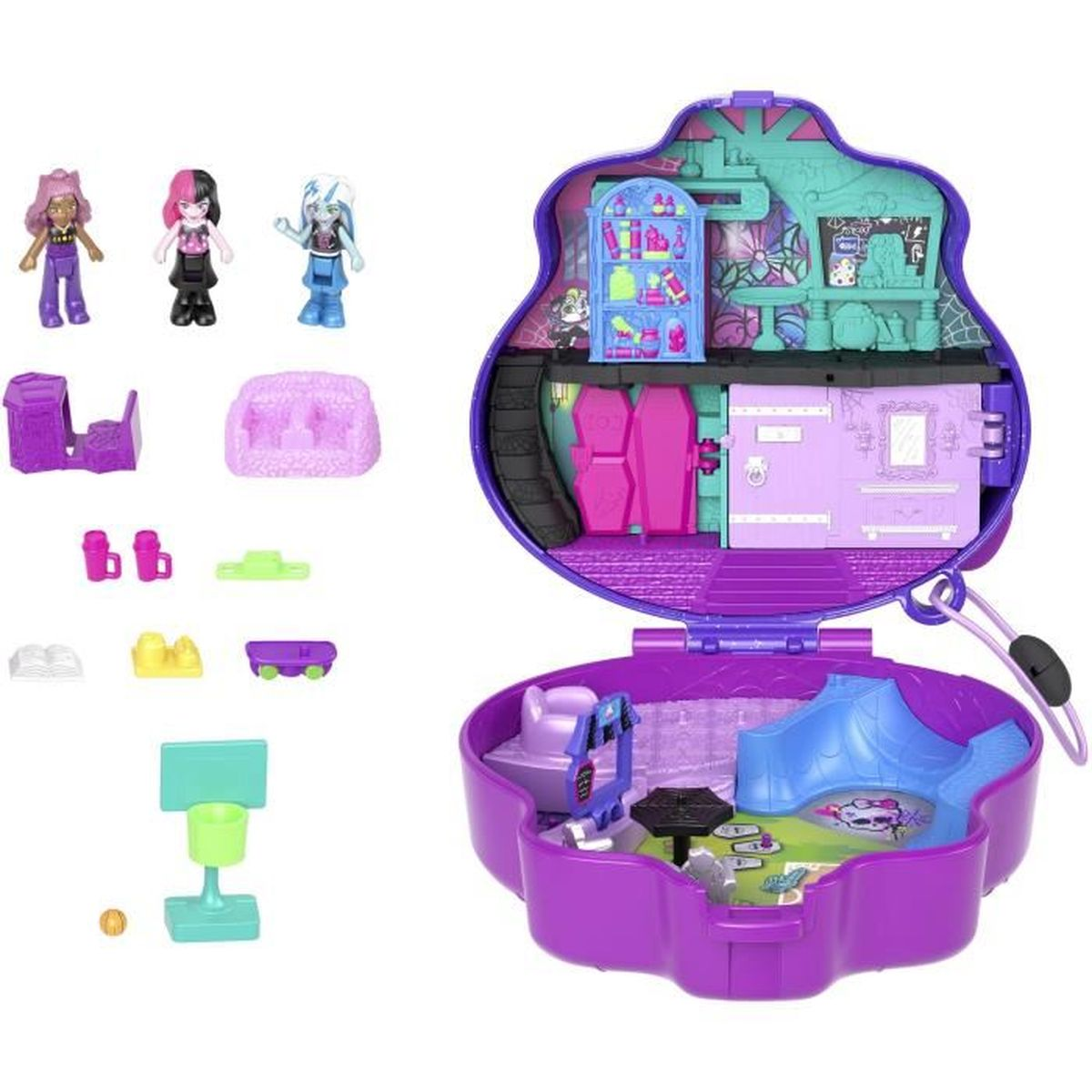 Fioletowy zestaw Polly Pocket, otwarty, przedstawiający domek dla lalek z figurkami i meblami. Zawiera kosz do koszykówki i zjeżdżalnię.