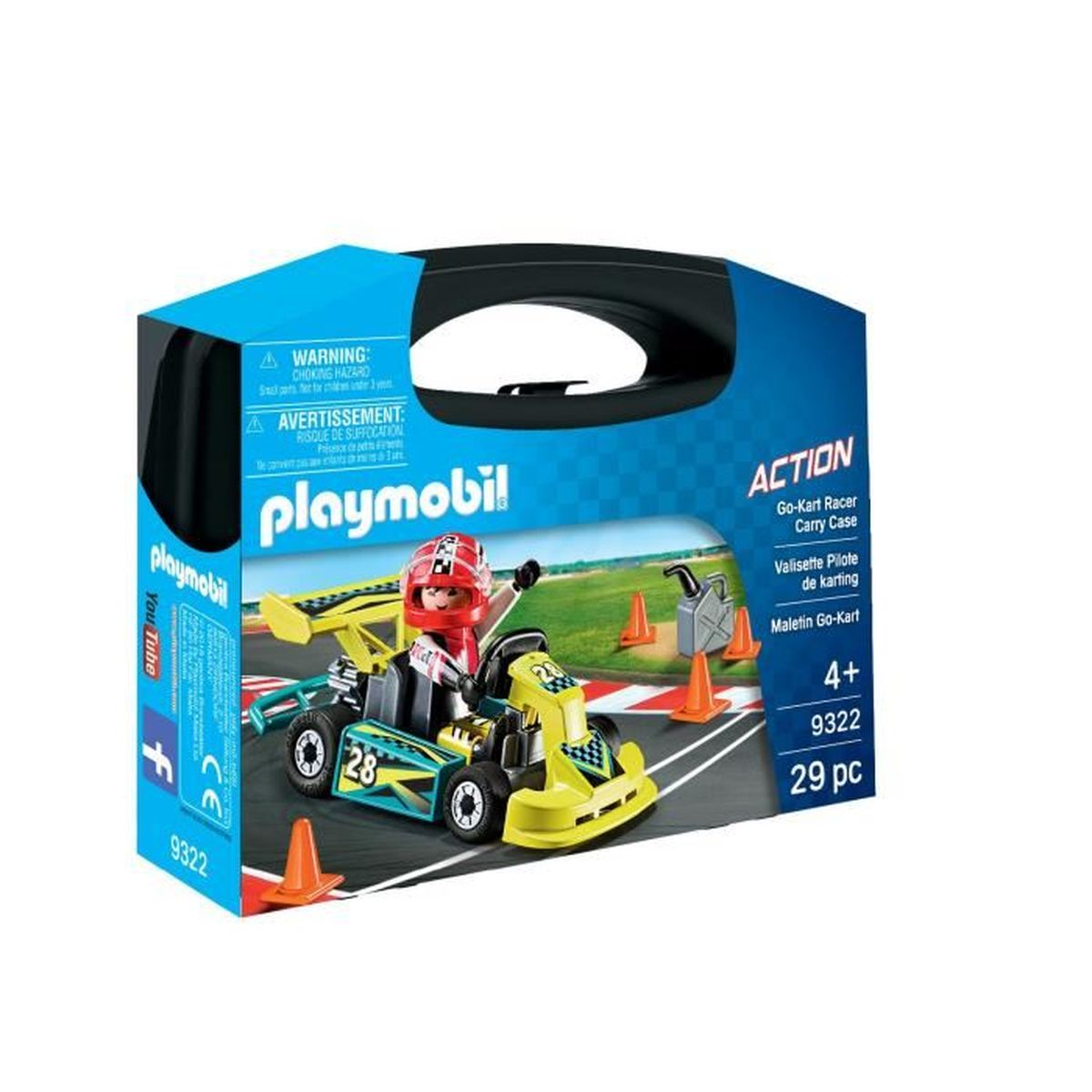 Pudełko Playmobil Go-Kart Racer Carry Case. Przedstawia gokart z kierowcą, pachołkami, zbiornikiem paliwa i logo Playmobil.