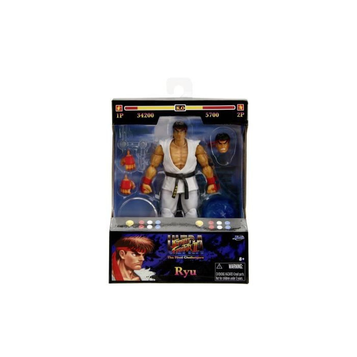 Una action figure di Ryu in una scatola espositiva. La figura è bianca e nera. La scatola ha un'immagine di Ryu e testo.