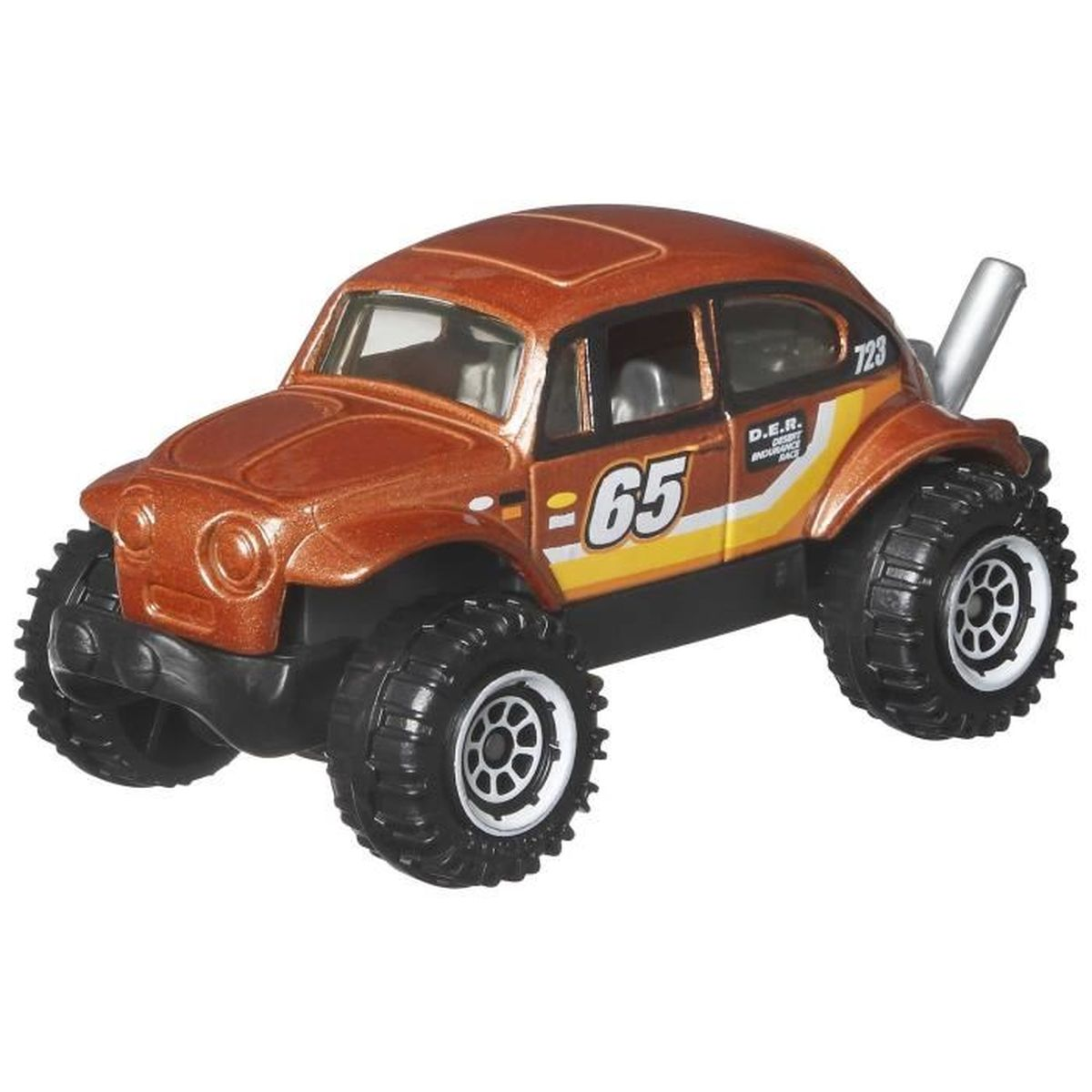 Un coche de juguete, naranja y negro, con neumáticos grandes y el número 65 en el lateral. El coche se asemeja a un buggy.