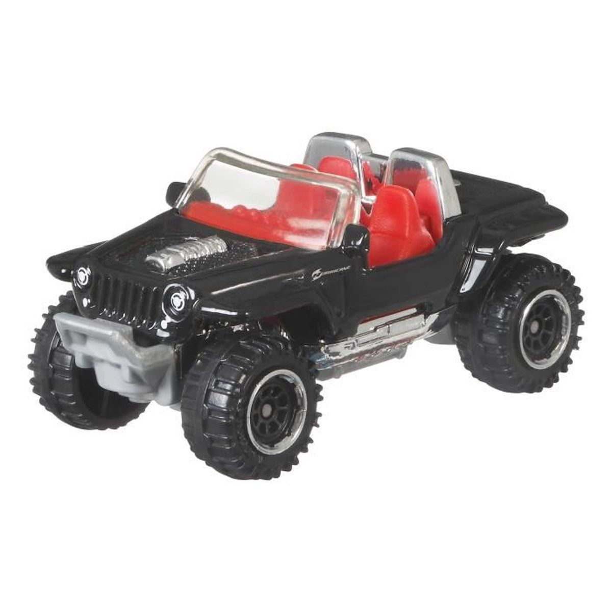 Un coche de juguete negro con asientos rojos y llantas grandes. Tiene una jaula antivuelco plateada y un parabrisas.