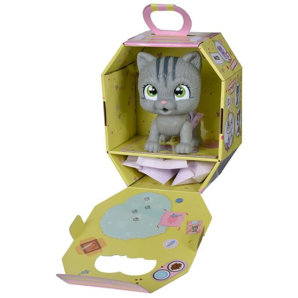 Un gatto giocattolo grigio in una scatola gialla con manico rosa. La scatola è aperta, rivelando il gatto e una base a motivi.