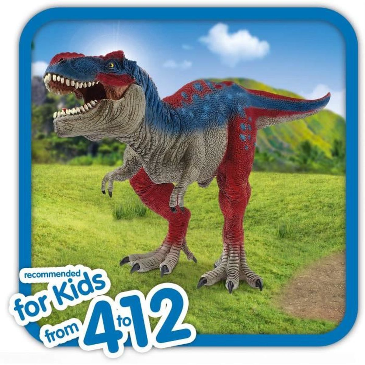 Un dinosauro giocattolo con colori rosso, blu e grigio si trova sull'erba verde. Lo sfondo mostra un cielo blu e una collina verde.