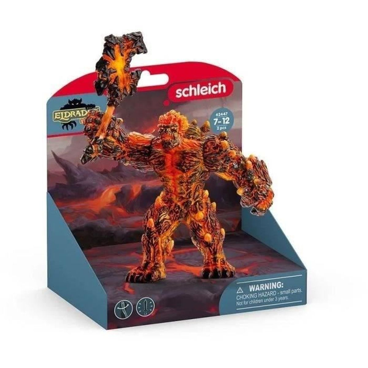 Een speelgoedfiguur van een vuurmonster met een hamer, weergegeven in een doos met waarschuwingen. De figuur is oranje en zwart.