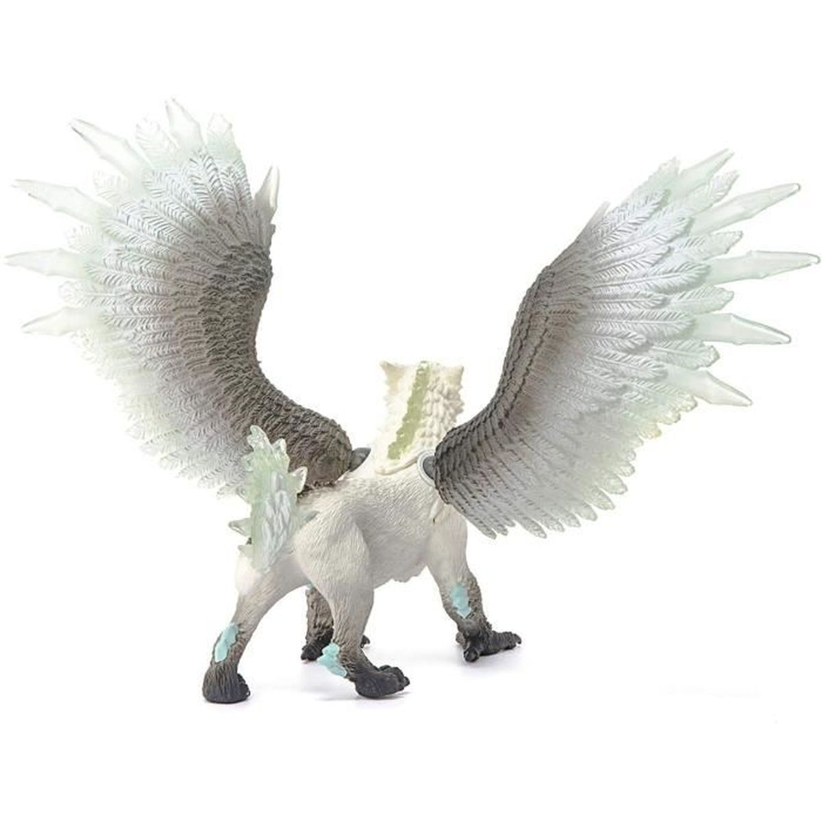 Een wit en grijze griffioen speelgoed met grote, doorschijnende vleugels. Het staat op een wit oppervlak, met blauwe accenten op de poten.