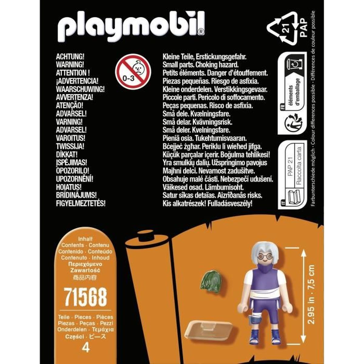Scatola Playmobil con figura. Testi multilingue avvertono della presenza di piccole parti e del rischio di soffocamento.