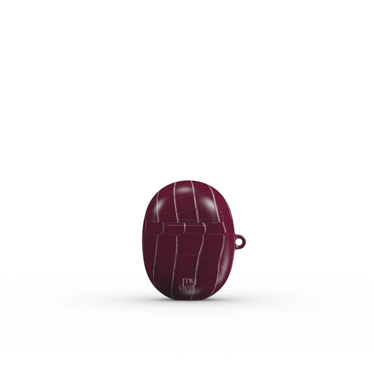 Una custodia in pelle bordeaux per auricolari, con trama a pelle di coccodrillo, su sfondo bianco. Il nome del marchio è visibile.