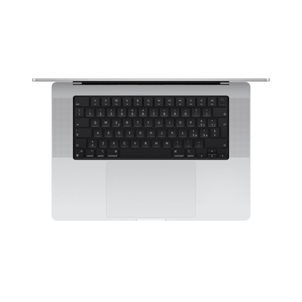 Vista superior de una laptop plateada. El teclado es negro con letras blancas. La pantalla está apagada. El panel táctil está debajo del teclado.