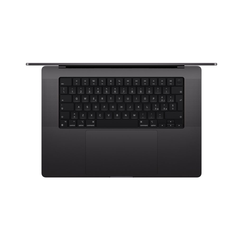 Vista superior de un portátil gris. El teclado es visible, con teclas etiquetadas. El panel táctil está debajo del teclado.