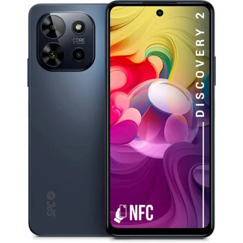 Un teléfono inteligente con una parte trasera azul oscuro y una pantalla que muestra arte abstracto colorido. Tiene varias cámaras y NFC.