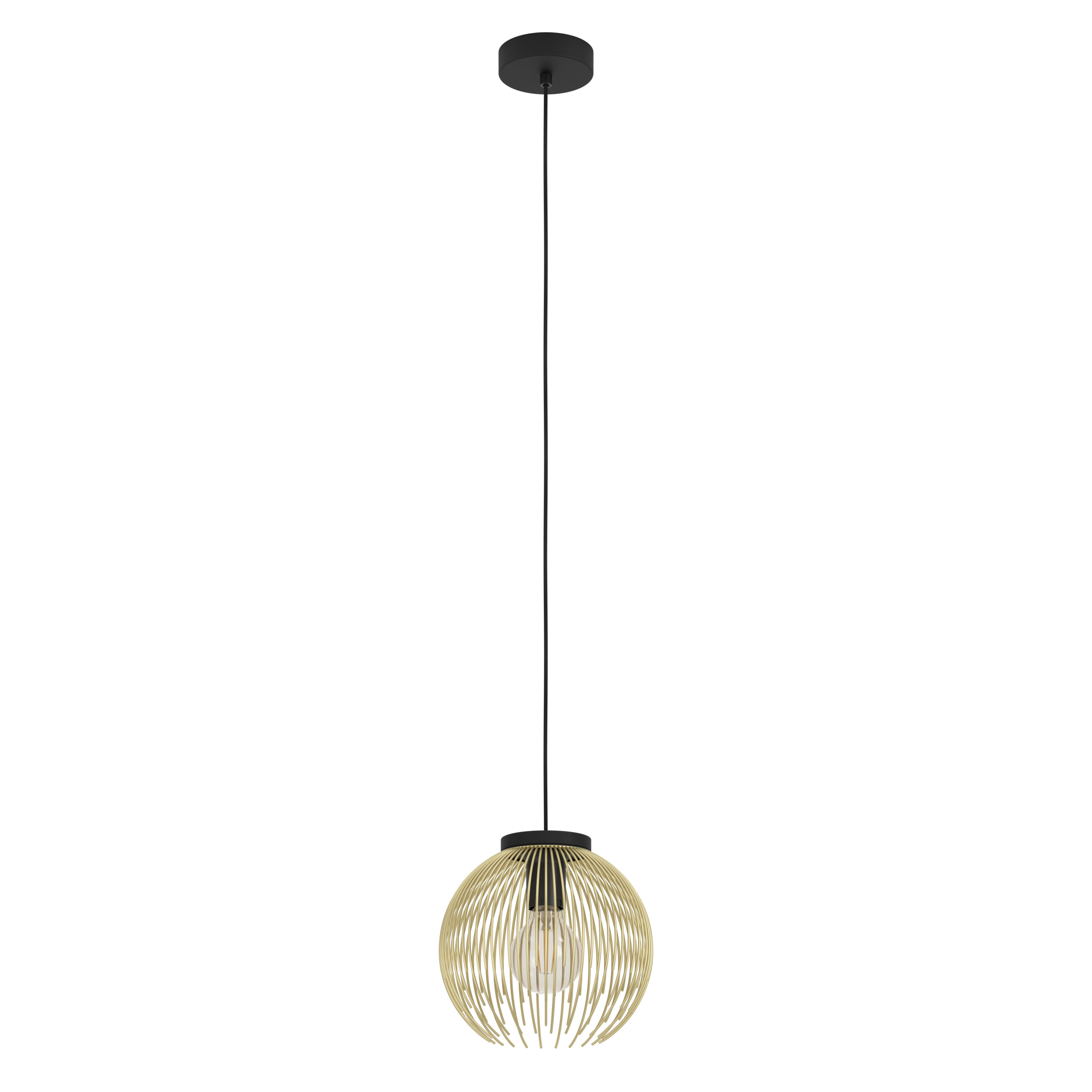 Une suspension moderne avec un abat-jour sphérique doré, un dessus noir et une ampoule, sur fond blanc.