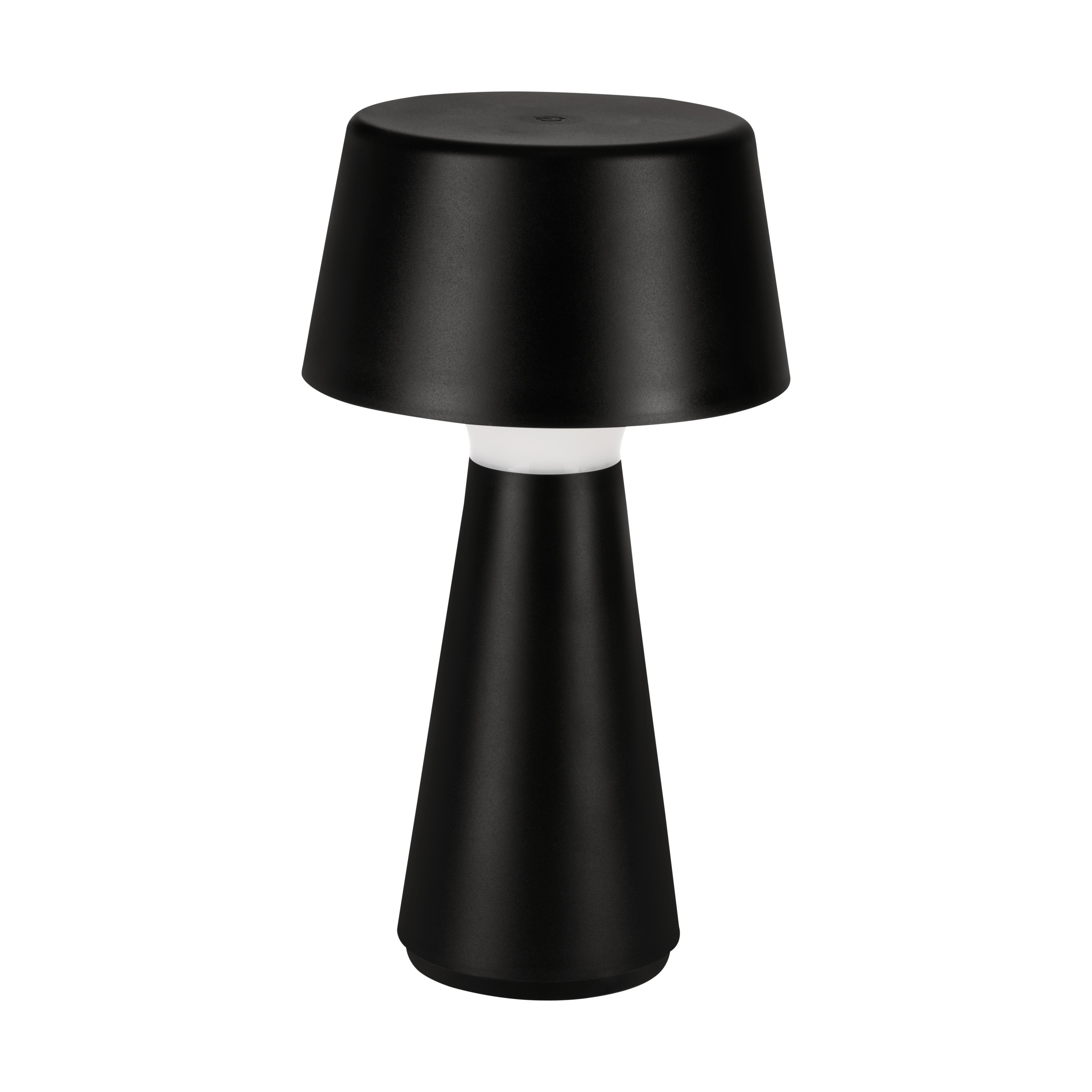 Eine schwarze Tischlampe mit konischem Sockel, weißem Mittelteil und schwarzem Lampenschirm vor weißem Hintergrund.