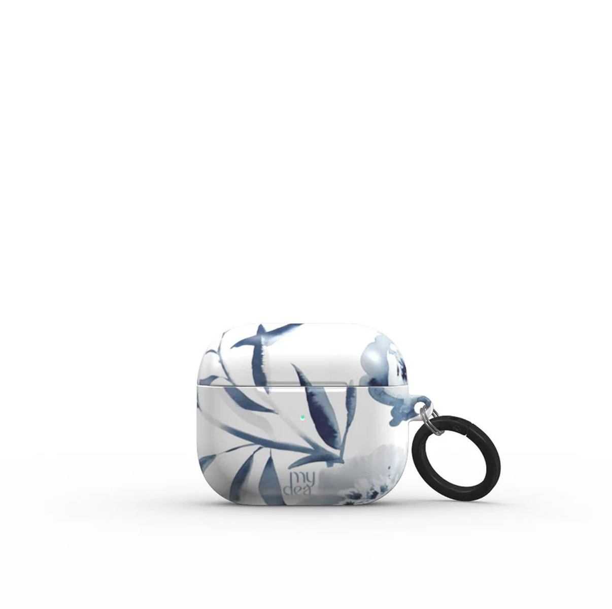 Custodia bianca per AirPods con design floreale blu. Ha un anello nero sul lato. Il marchio 'my dea' è visibile.