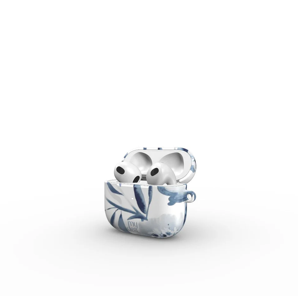 Auricolari bianchi in una custodia fantasia con design floreale blu. La custodia è aperta e gli auricolari sono visibili.