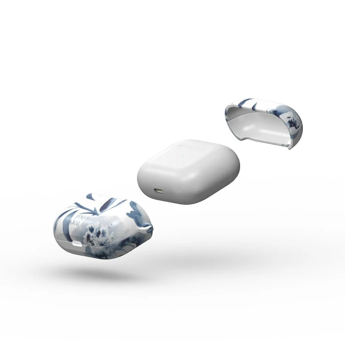 Custodia AirPods bianca con design floreale blu, aperta. La custodia è in tre parti, fluttuante. Sfondo bianco.