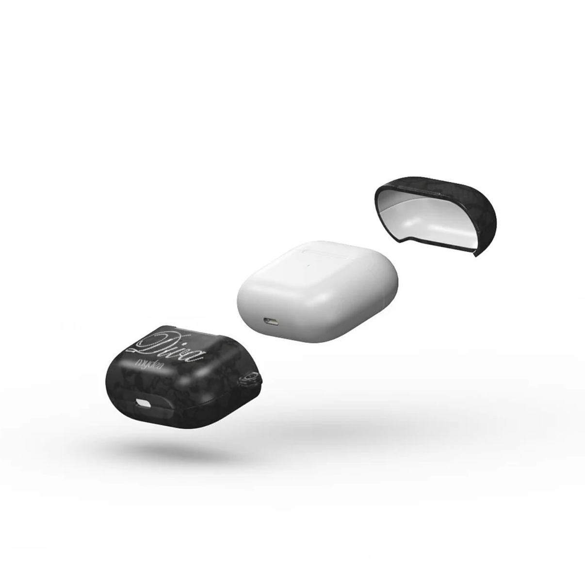 Vista esplosa della custodia degli AirPods. Include una custodia bianca, una copertura nera a fantasia e un coperchio nero a fantasia staccato, tutto su sfondo bianco.