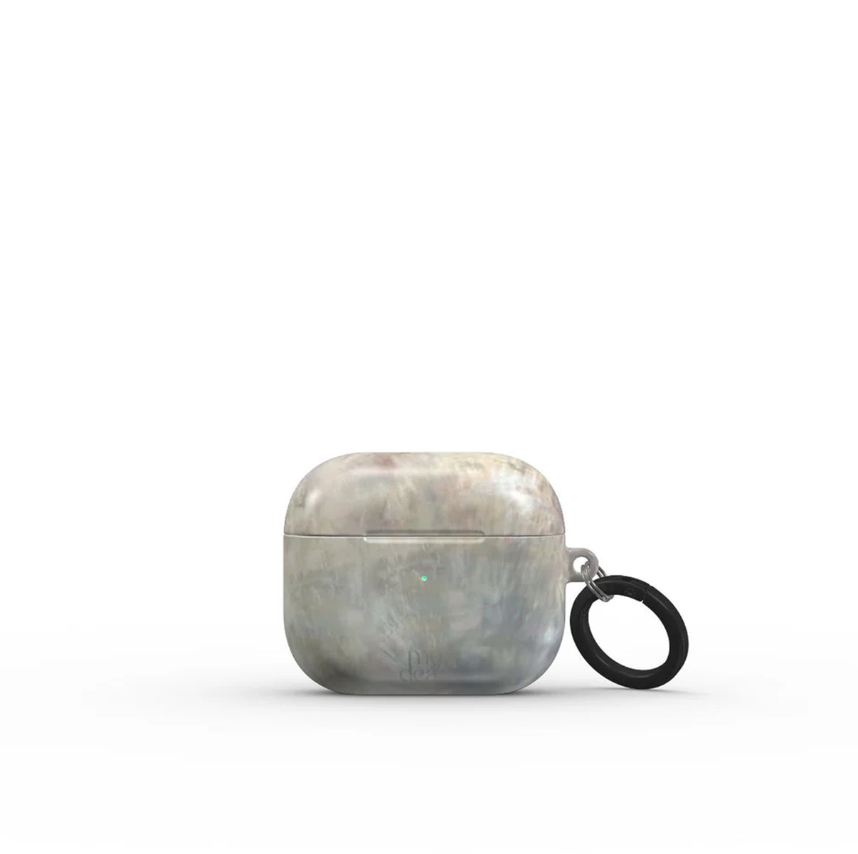 Una custodia per AirPods con texture marmorea e un anello nero. La custodia è centrata su uno sfondo bianco.