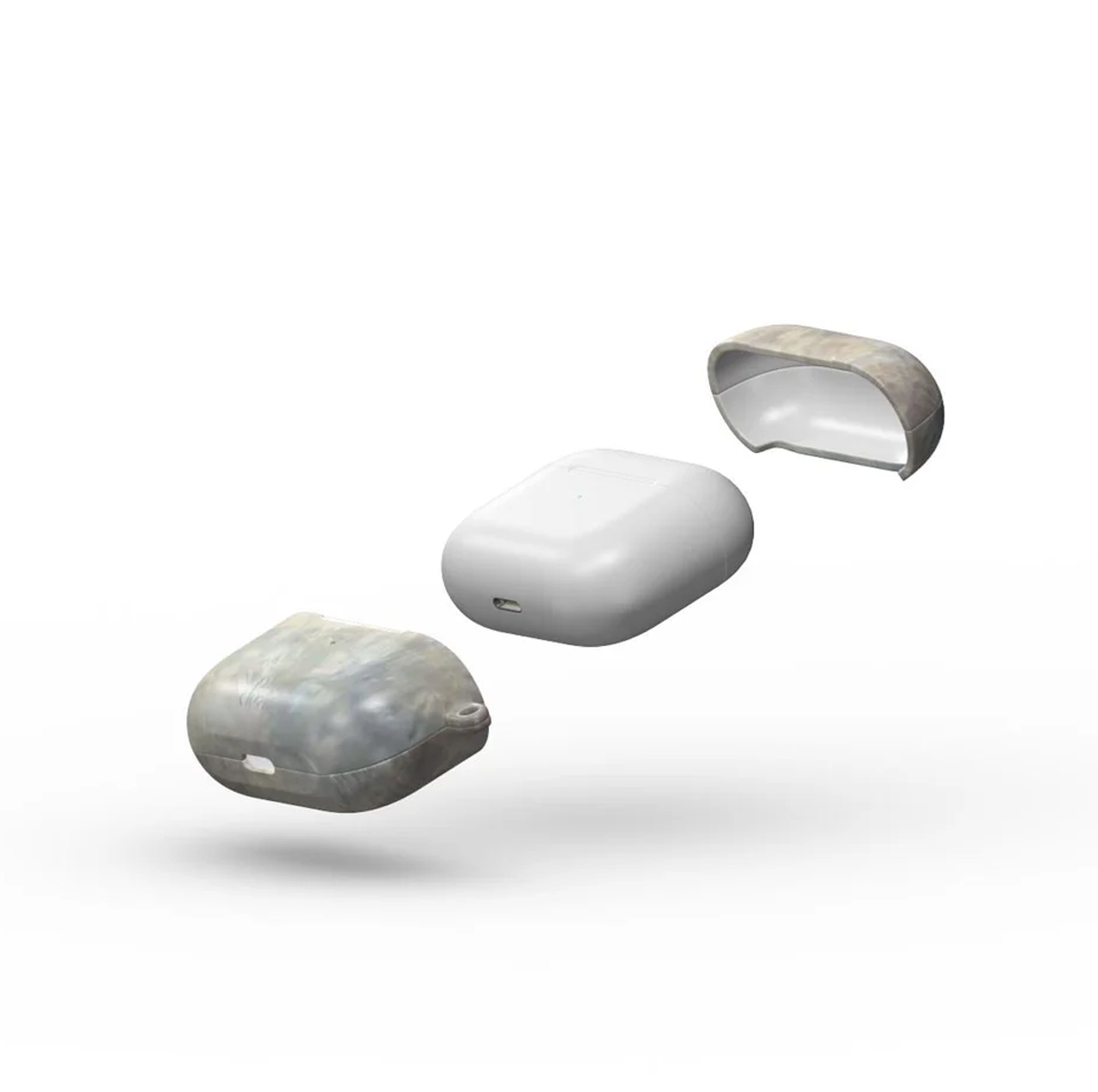 Vista esplosa di AirPods e custodia. La custodia è composta da tre parti: una base bianca e due coperchi marmorizzati, uno staccato.