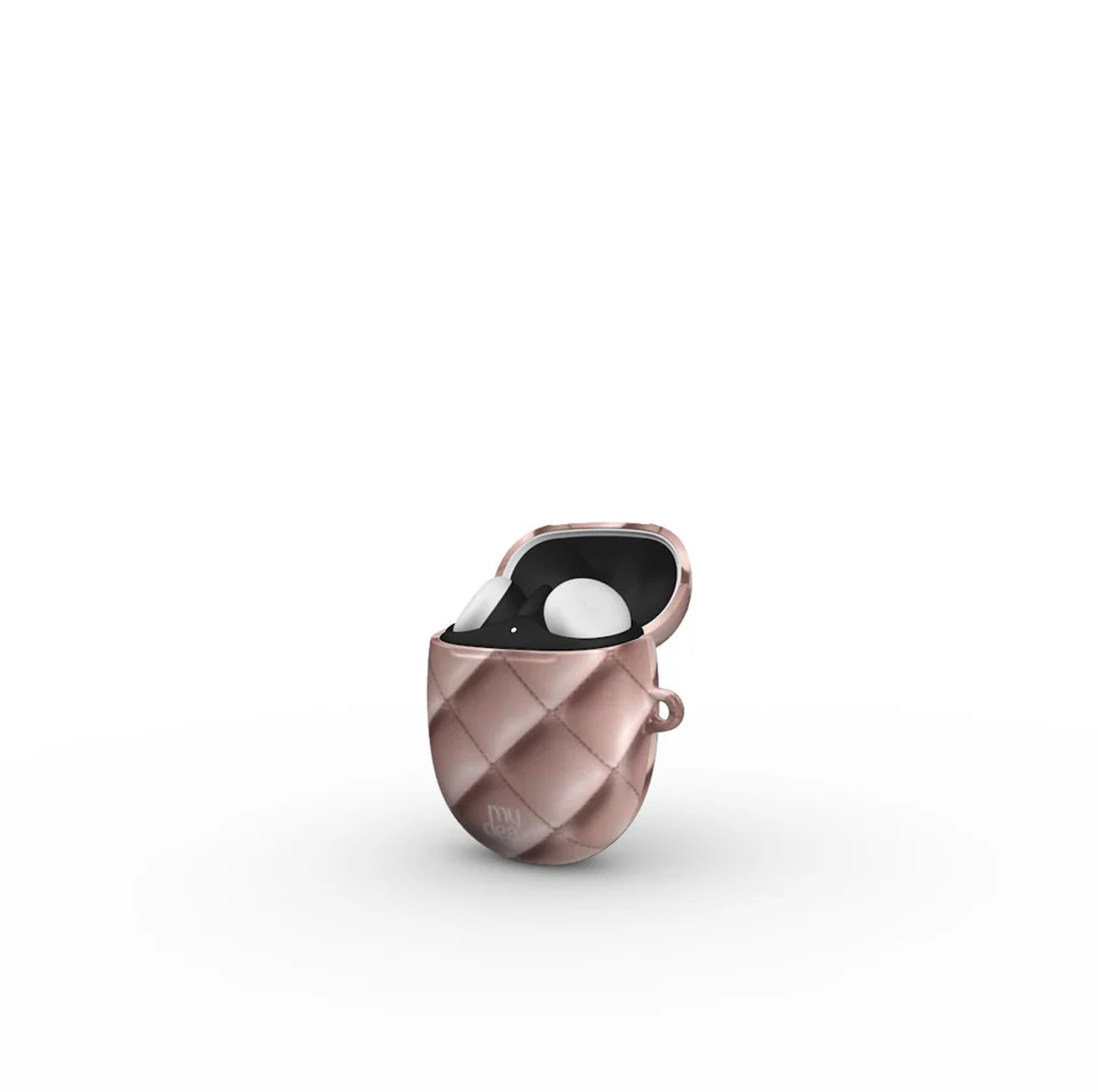 Custodia AirPods trapuntata oro rosa, aperta per rivelare auricolari bianchi, su sfondo bianco.
