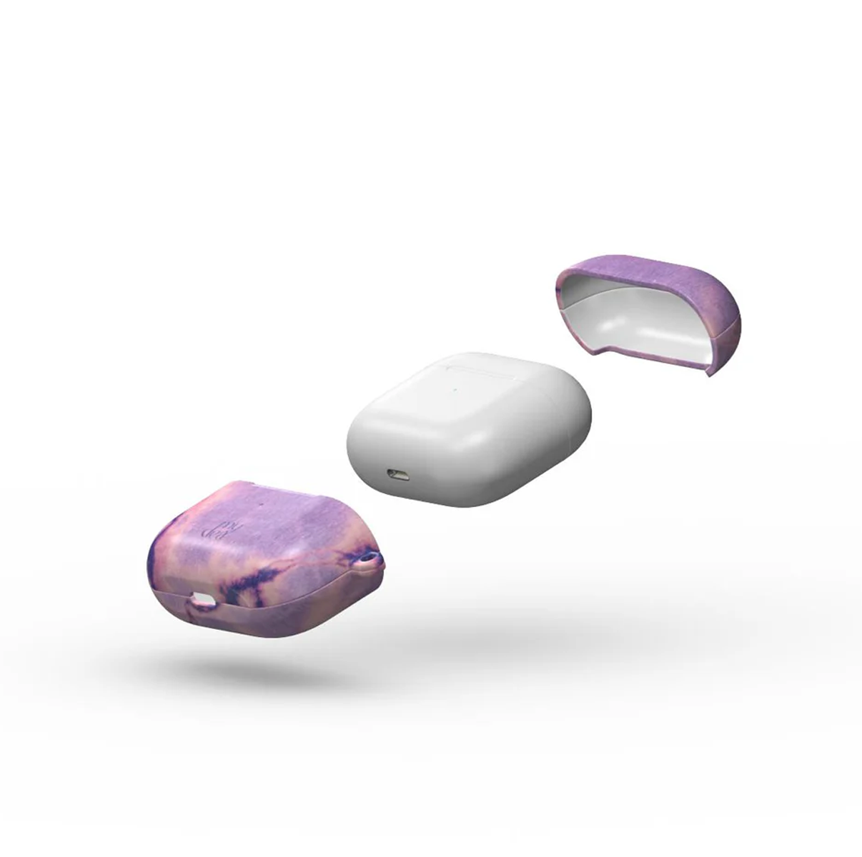 Custodia bianca per AirPods con pezzi di custodia marmorizzati viola. Un coperchio staccato e un pezzo è sotto la custodia. Lo sfondo è bianco.