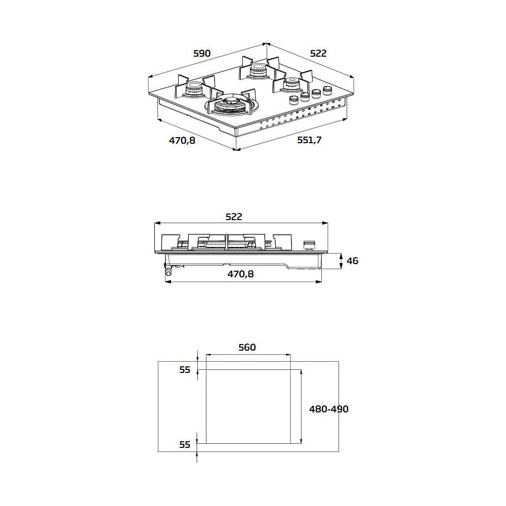 Disegno tecnico di un fornello con dimensioni. Sono mostrate la vista dall'alto, la vista laterale e la vista dall'alto con misure in millimetri.