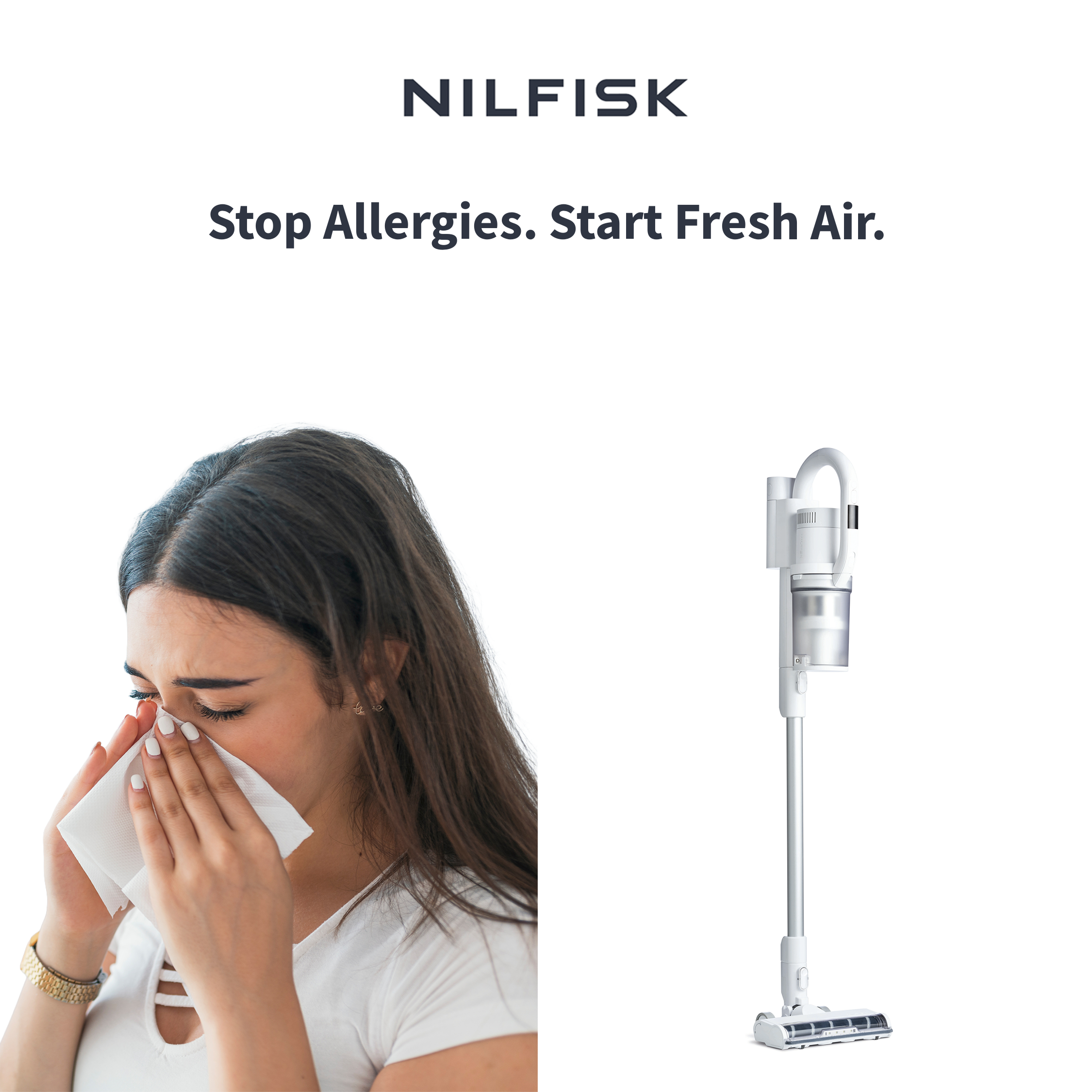 Vrouw snuit haar neus, witte stofzuiger. Tekst: Stop allergieën. Begin met frisse lucht. Merk: Nilfisk.