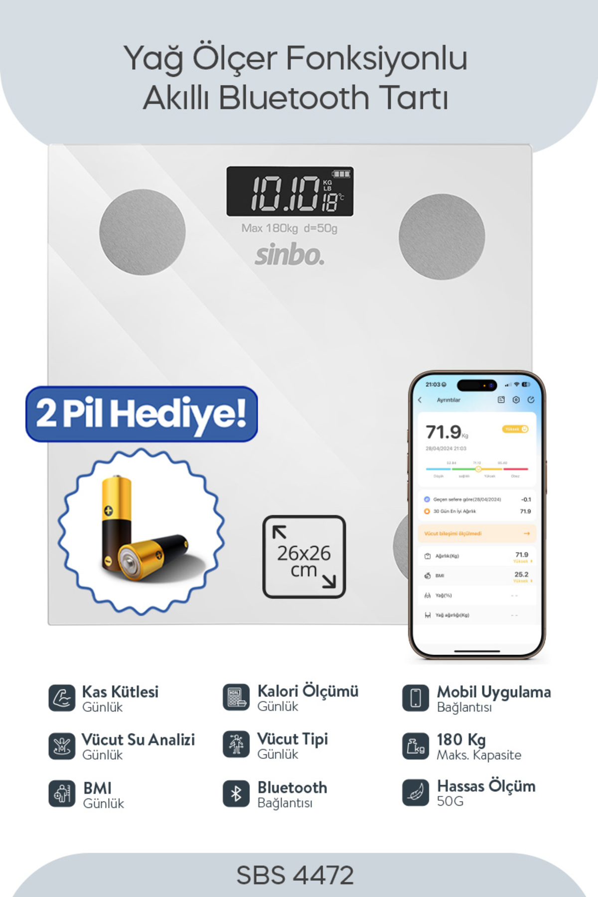 SINBO SBS-4472 Bluetooth Dijital Yağ Su Kas Vücut Kitle Endeksi Kilo Ölçer Baskül Beyaz