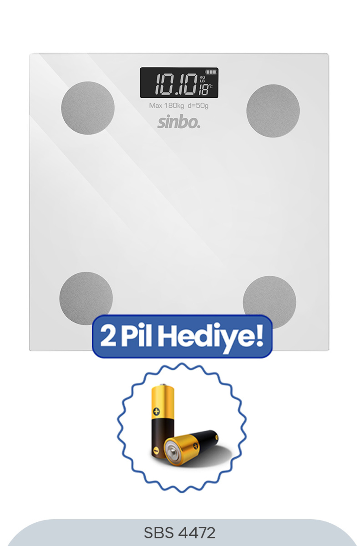 10.10 gösteren bir ekrana sahip beyaz dijital terazi. Hediye olarak pil sunuluyor. Marka Sinbo.