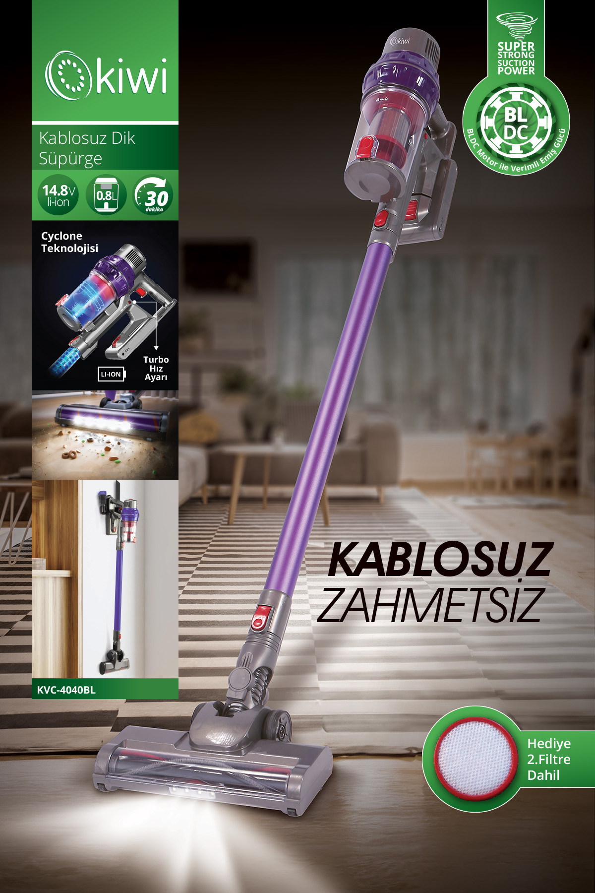 KIWI KVC-4040 BLDC Motor Kablosuz Şarjlı Dikey Süpürge Mor