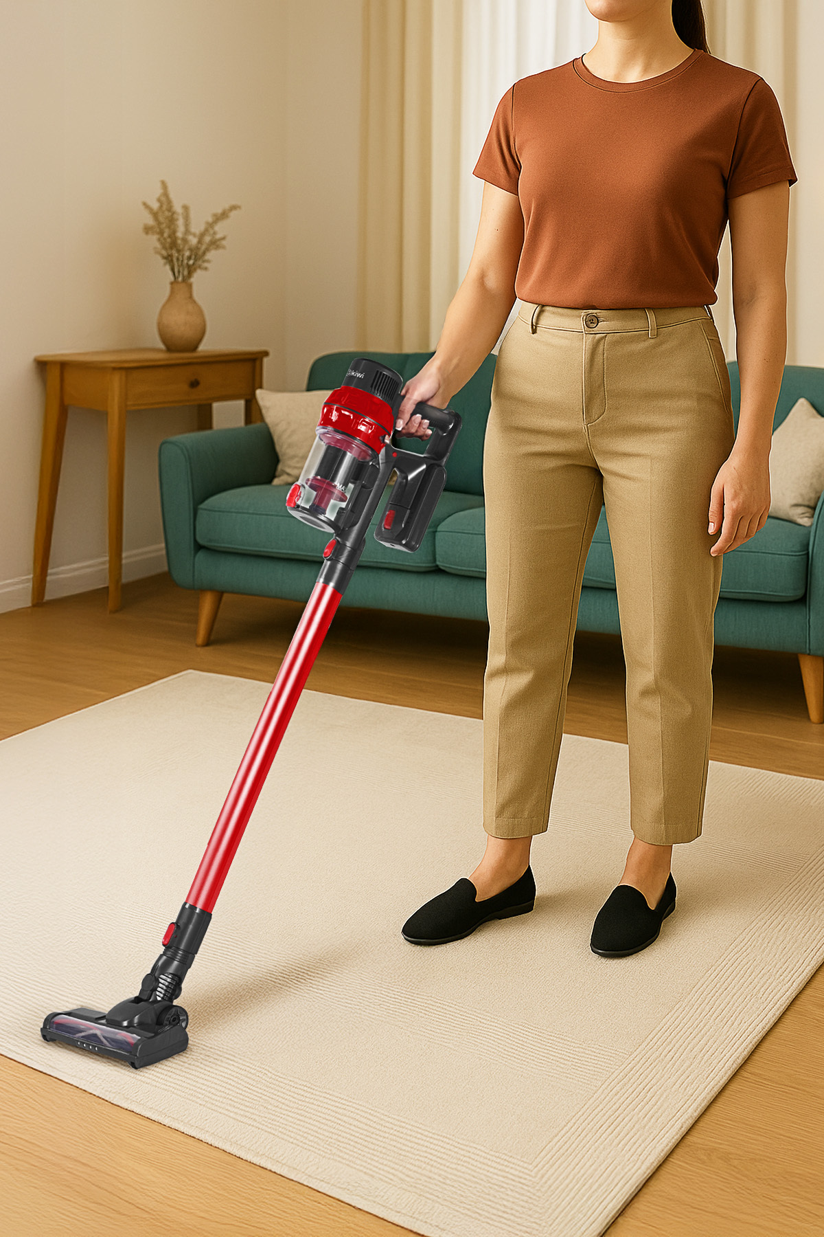 Bir kadın, kırmızı ve siyah bir elektrikli süpürgeyle halıyı süpürüyor. Kahverengi bir üst ve bej pantolon giyiyor. Arka planda bir kanepe var.
