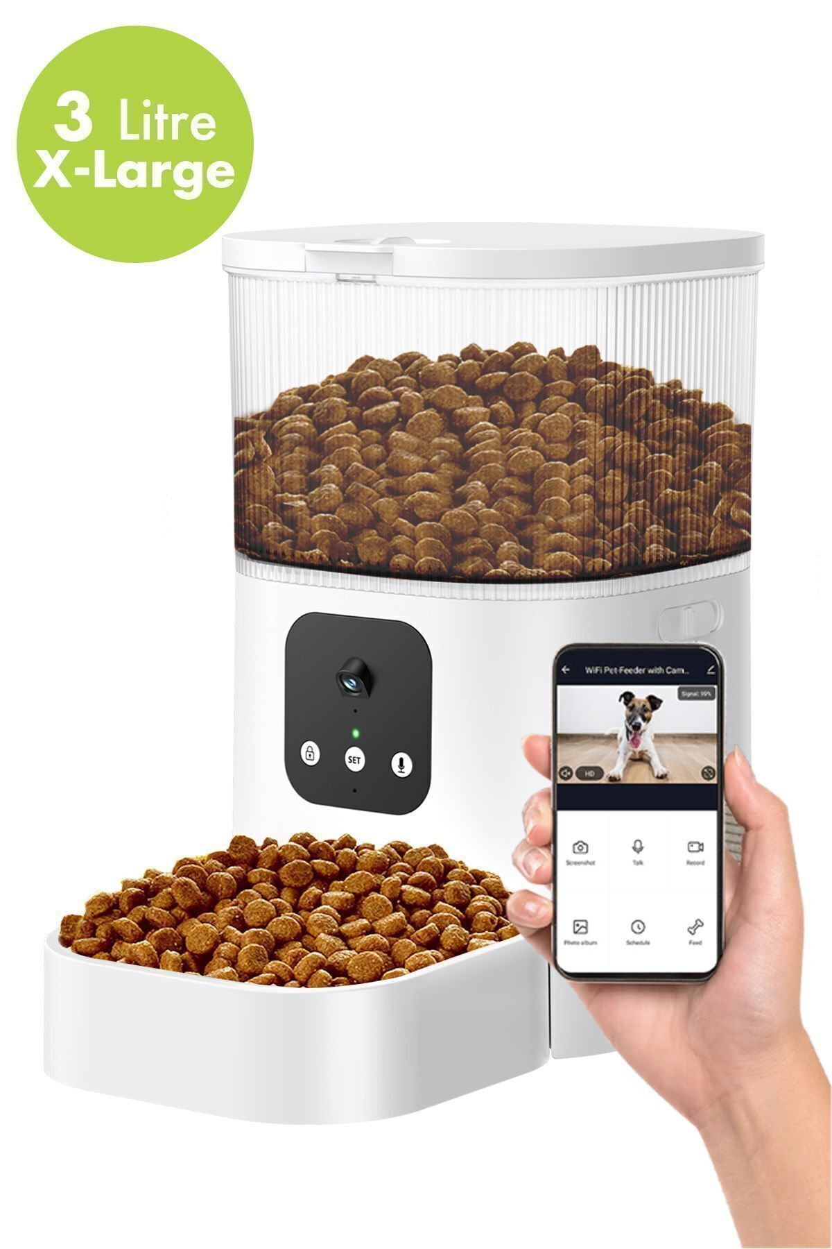 Webcam'li beyaz evcil hayvan maması dağıtıcısı, bir kap mama ve bir köpek görüntüsü gösteren telefon. Yeşil dairede '3 Litre X-Large' yazıyor.