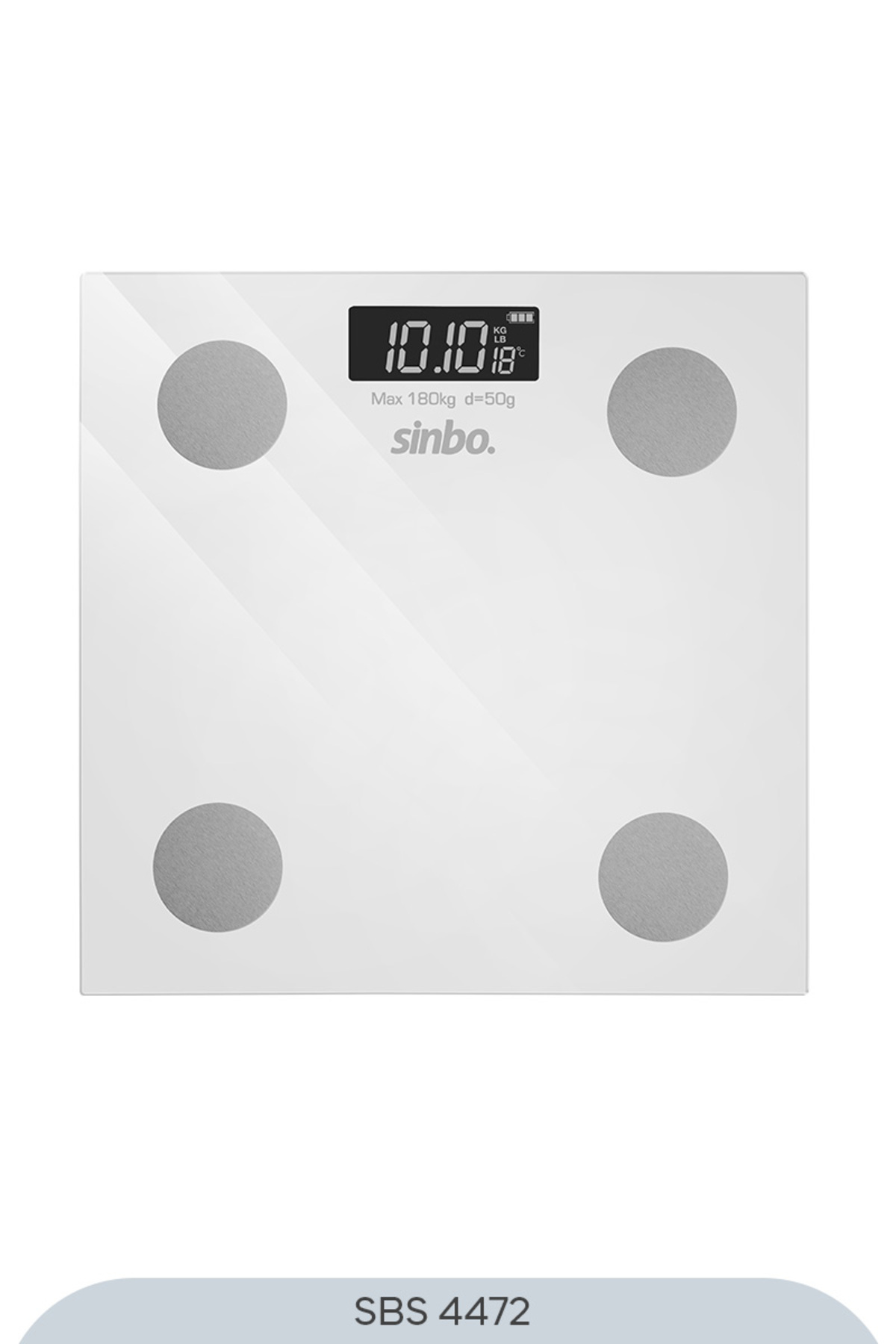 10.10 ve 18°C gösteren beyaz dijital banyo terazisi. 4 gri daire ve 'sinbo' logosu var.