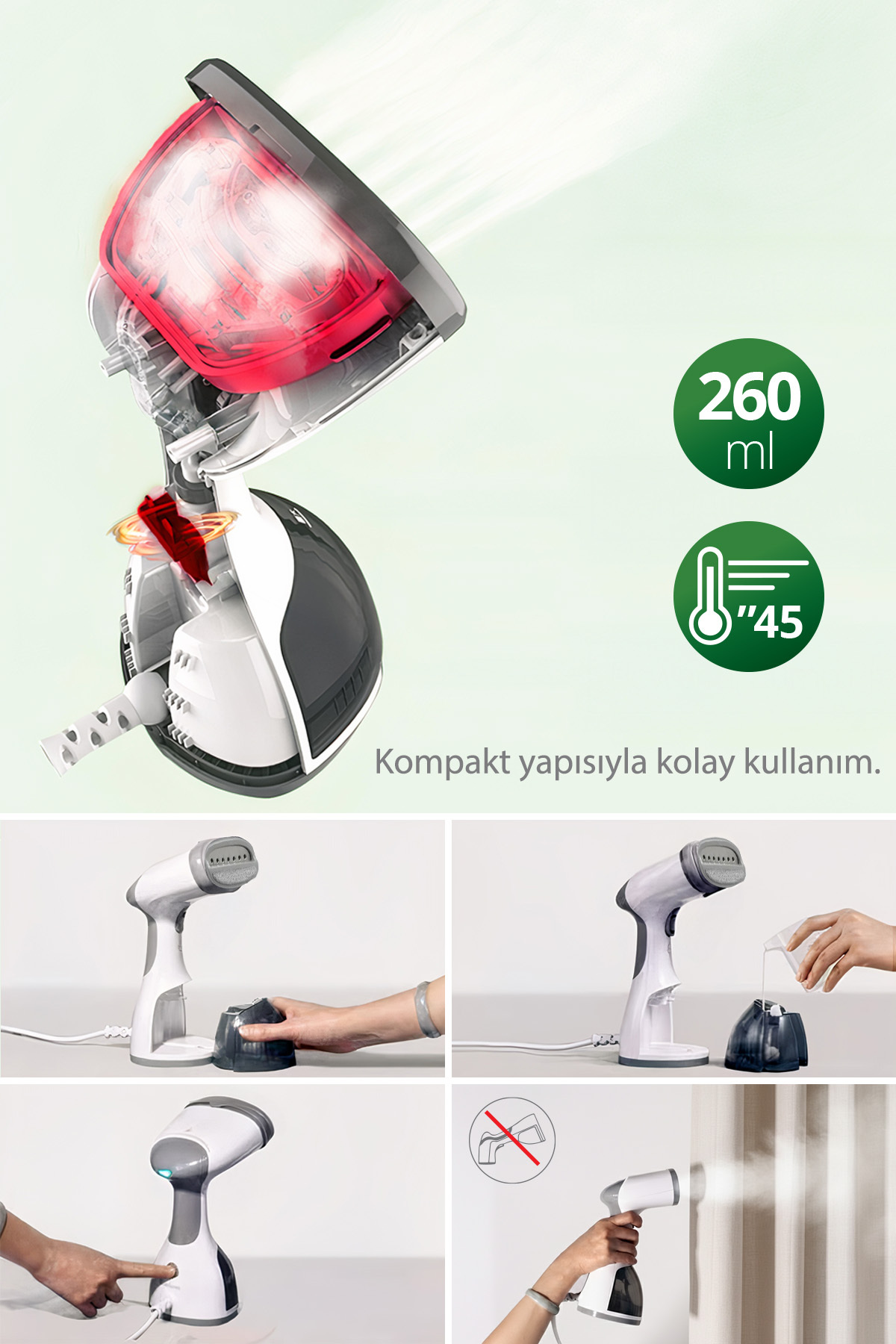 Kırmızı iç elemanlı beyaz ve gri bir el tipi buhar makinesi gösteriliyor. Gösterimler kullanım ve kapasiteyi gösteriyor.
