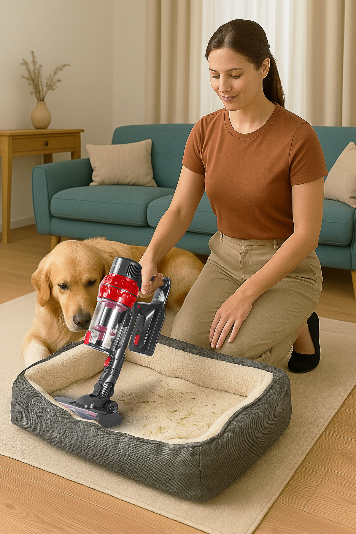 Bir kadın, kablosuz bir elektrik süpürgesiyle köpek yatağını süpürüyor. Yakınlarda bir golden retriever yatıyor. Arka planda bir kanepe ve bir sehpa var.