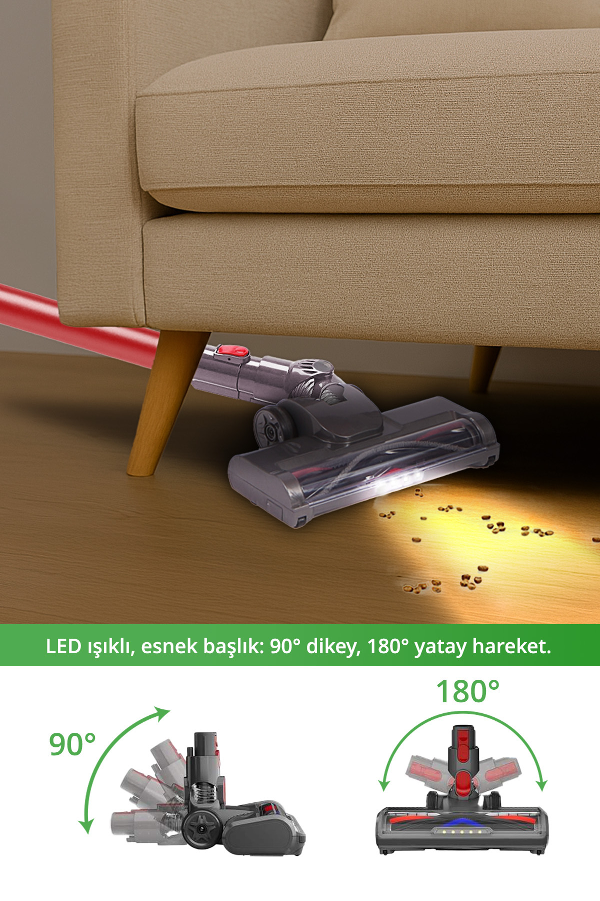 Bir elektrikli süpürge başlığı bir kanepenin altında. Esnek bir başlığa ve LED ışıklara sahiptir. Başlık dikey olarak 90 derece ve yatay olarak 180 derece döner.