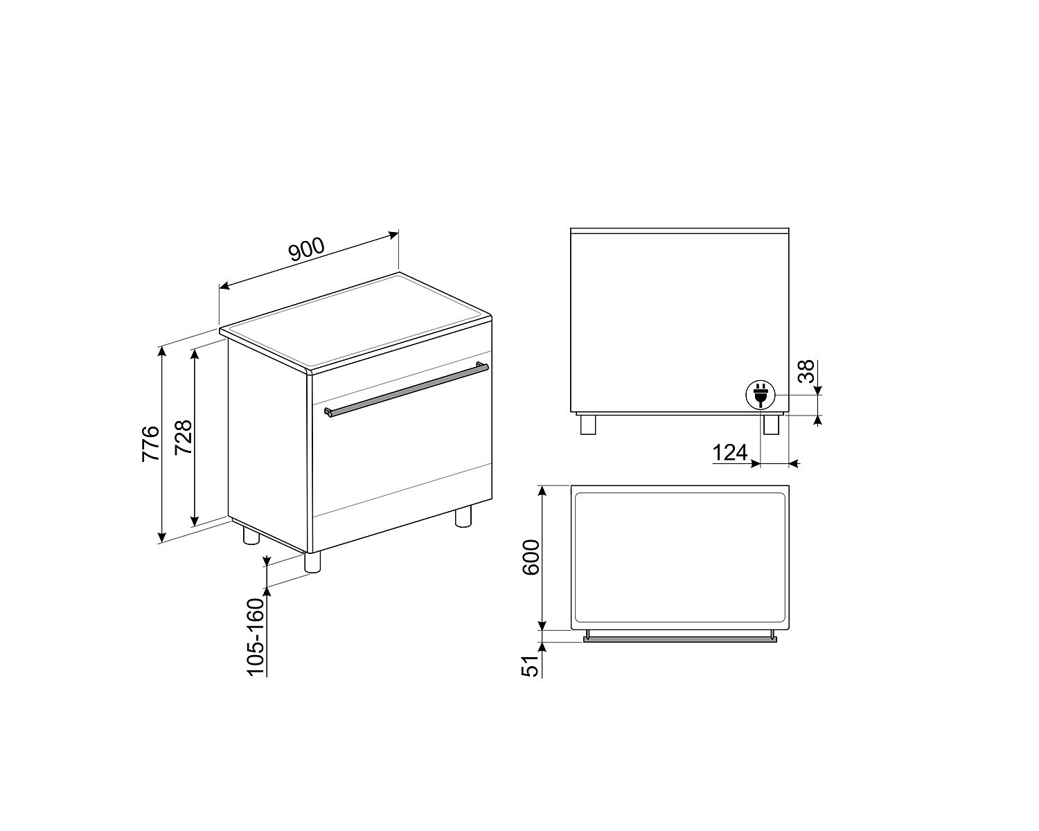 Dibujo técnico de un mueble de cocina con dimensiones. Vista superior, frontal y lateral con medidas en milímetros.