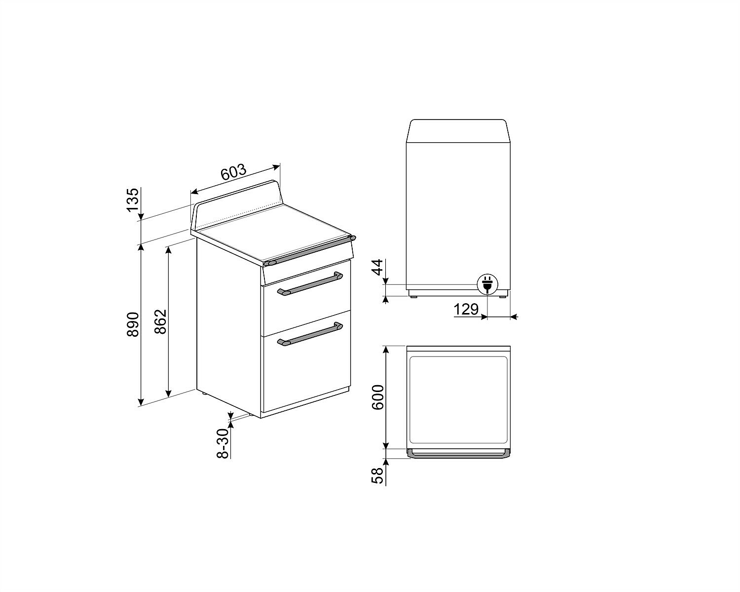 Dibujo técnico de un electrodoméstico de cocina, mostrando diferentes vistas con dimensiones en milímetros. Incluye una estufa y un horno.