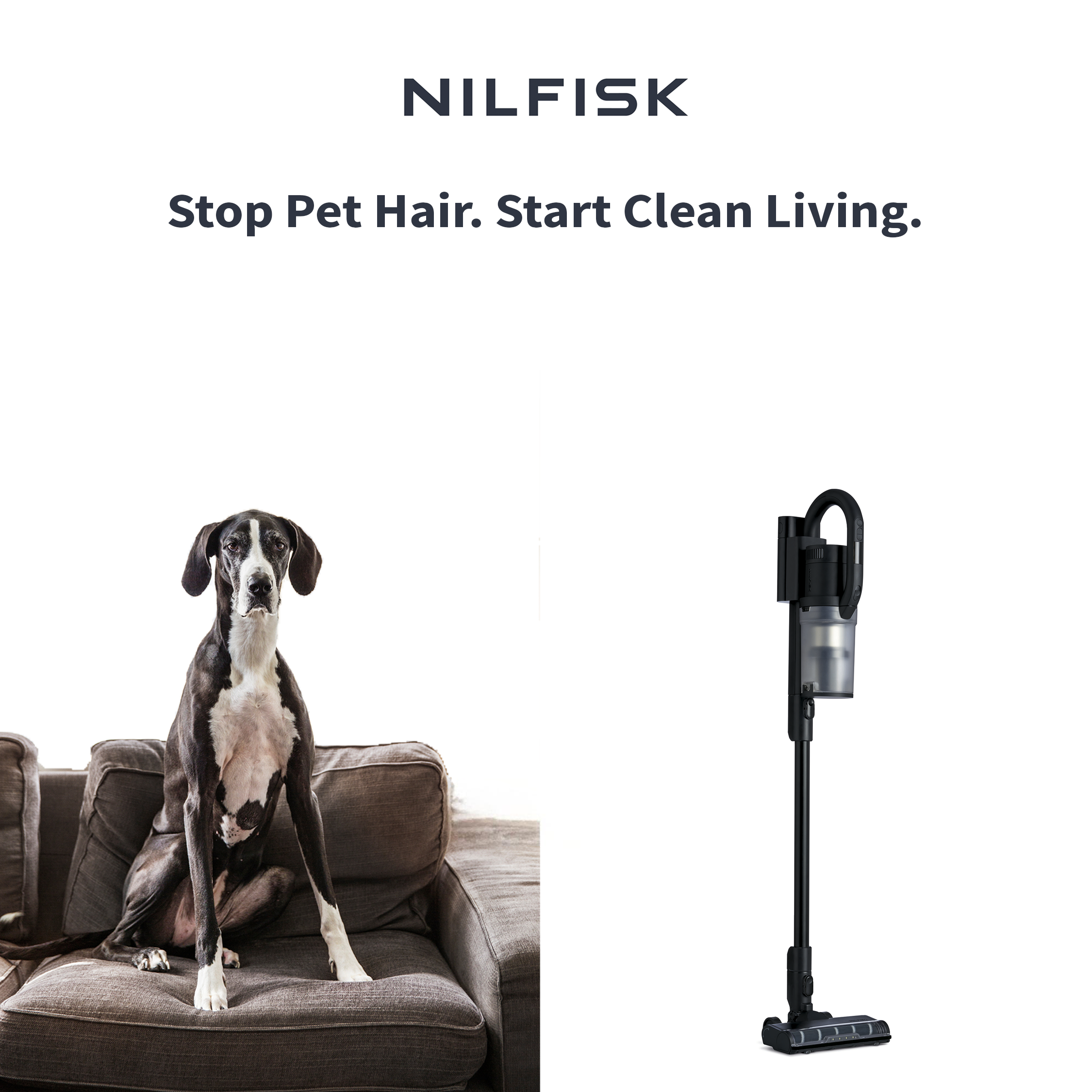 L'image montre un chien et un aspirateur. Le texte dit 'Arrêtez les poils d'animaux. Commencez à vivre propre.' NILFISK est en haut.