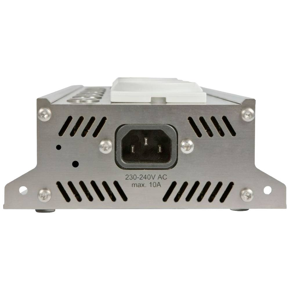 Dispositivo in metallo argentato con presa di corrente. Ha fessure e dettagli a vite. Testo: 230-240V AC max. 10A. Parte in plastica bianca sopra.