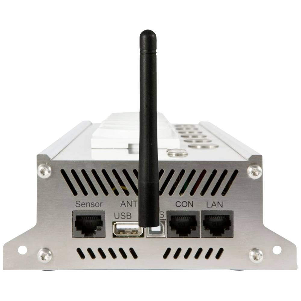 Un dispositivo elettronico argentato con antenna nera. Ha porte con etichette 'Sensor', 'USB', 'CON' e 'LAN'. Viti fissano il dispositivo.