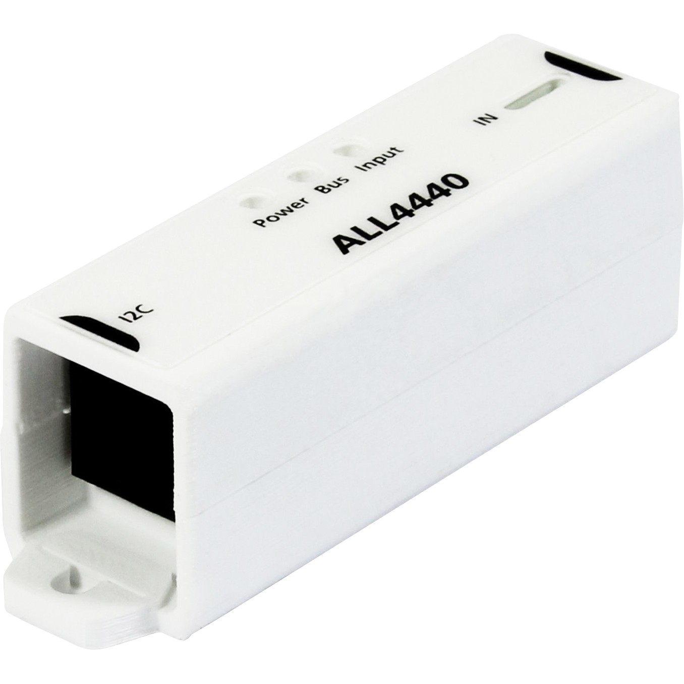 Un dispositivo elettronico rettangolare bianco con 'ALL4440' stampato. Ha le etichette 'Power Bus Input' e 'I2C'.