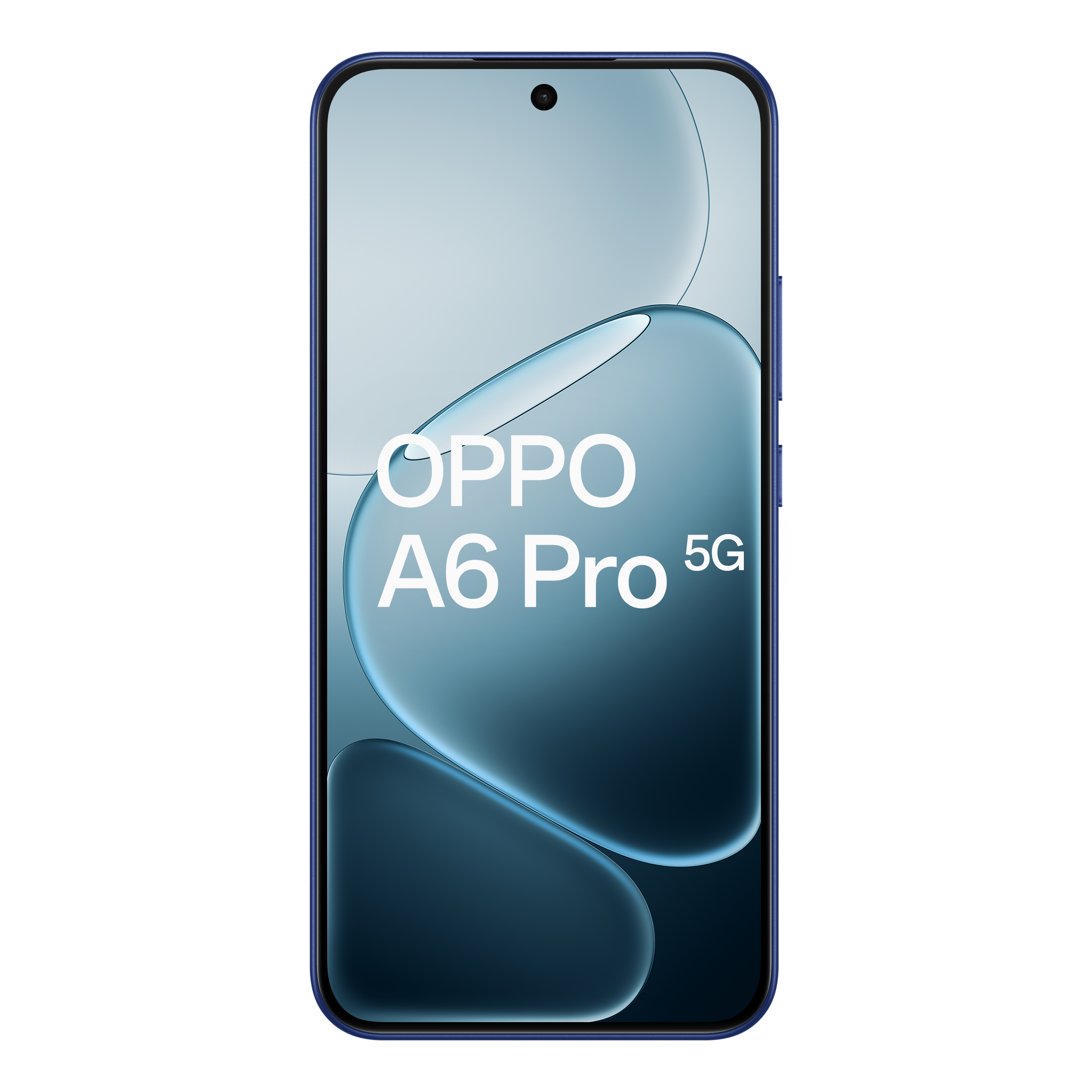 A smartphone screen displays the OPPO A6 Pro 5G logo. The phone is blue, with a single front camera.